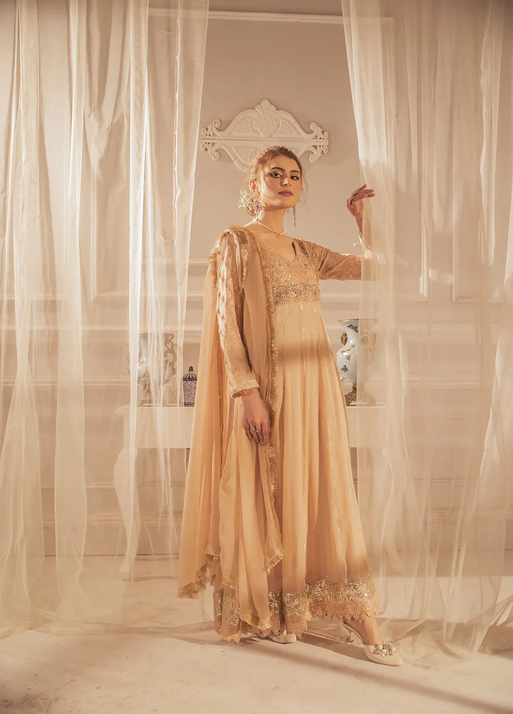 Manahils Pret Embroidered Chiffon 3 Piece Suit KURTI 108 Peach