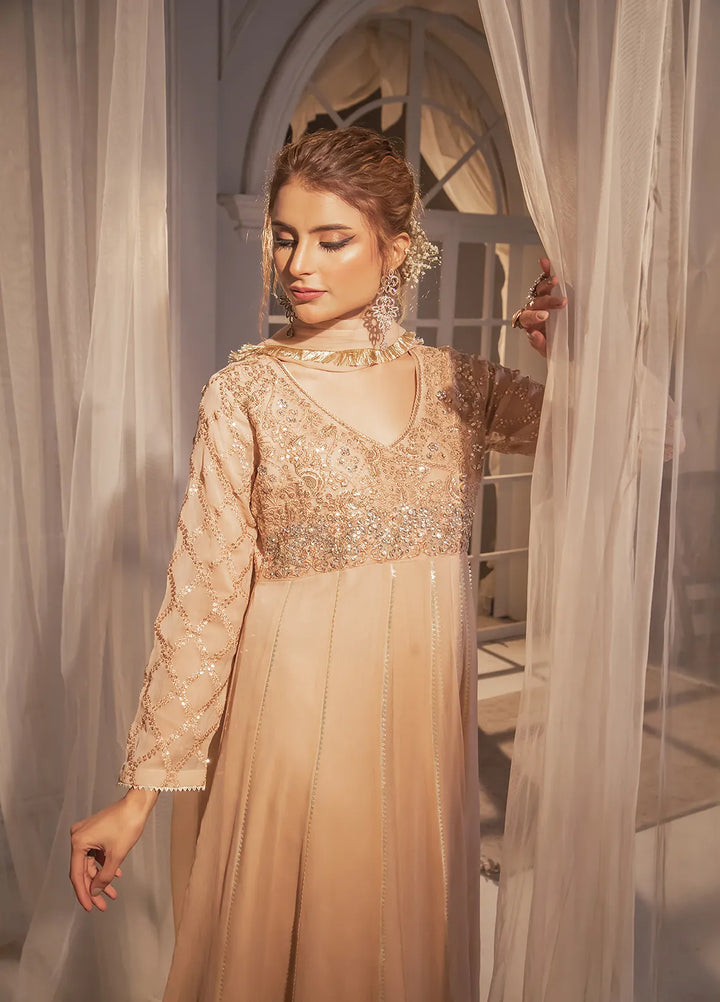 Manahils Pret Embroidered Chiffon 3 Piece Suit KURTI 108 Peach