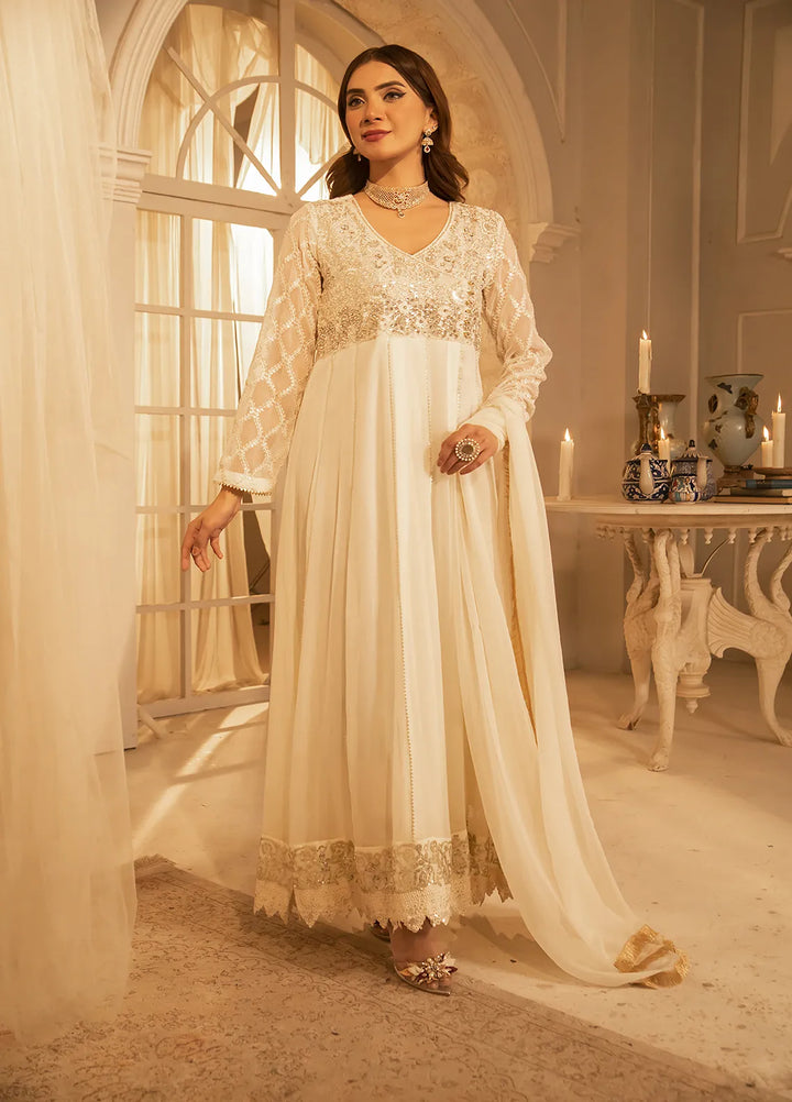 Manahils Pret Embroidered Chiffon 3 Piece Suit KURTI 108 White