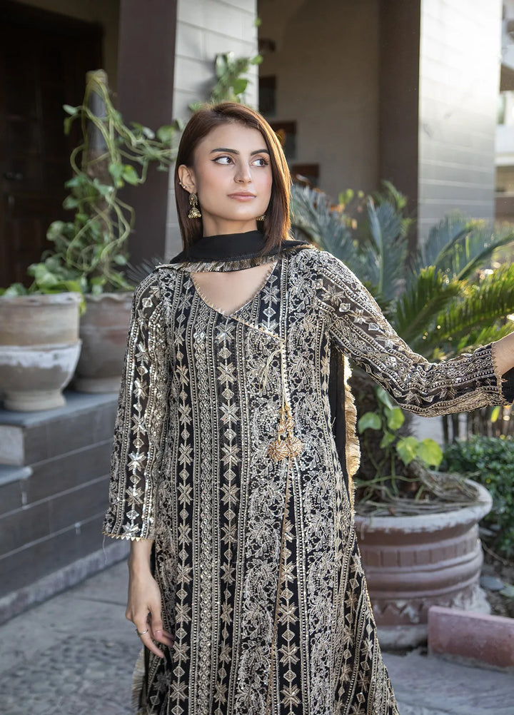 Manahils Pret Embroidered Chiffon 3 Piece Suit Kurti-122-Black