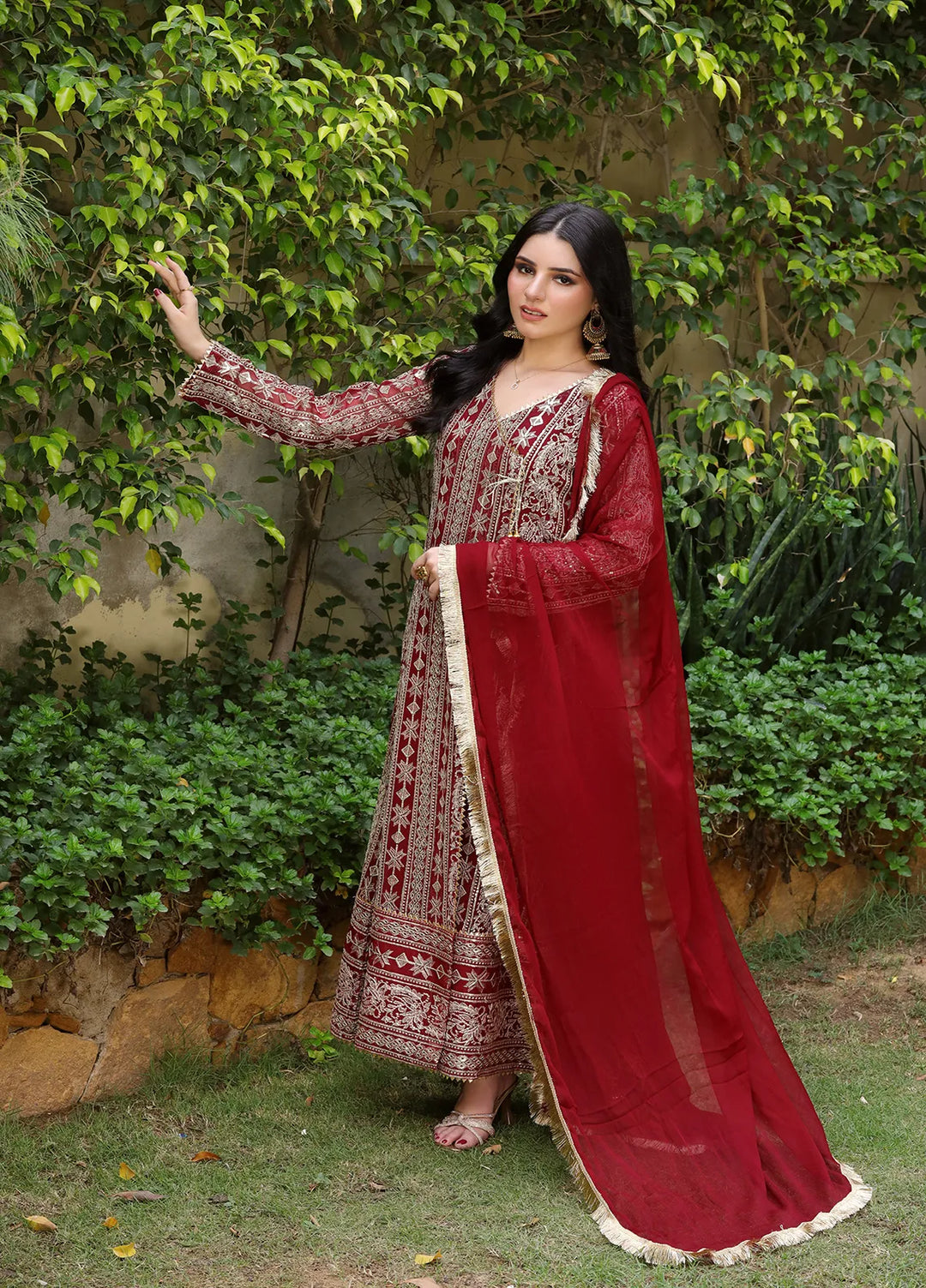 Manahils Pret Embroidered Chiffon 3 Piece Suit Kurti-122-Divine-Mehroon