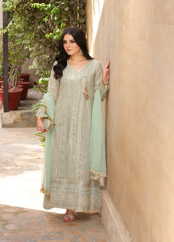 Manahils Pret Embroidered Chiffon 3 Piece Suit Kurti-122-Divine-Mint Green