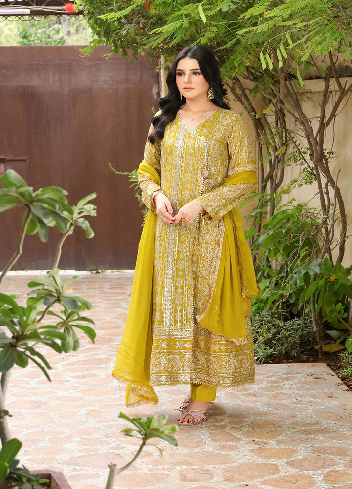 Manahils Pret Embroidered Chiffon 3 Piece Suit Kurti-122-Divine-Mustard