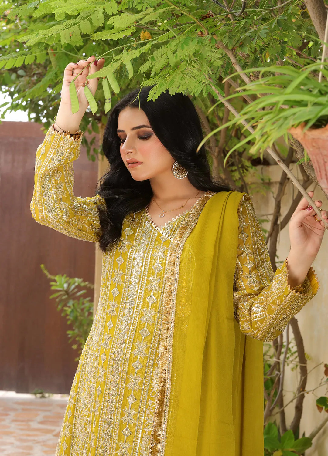 Manahils Pret Embroidered Chiffon 3 Piece Suit Kurti-122-Divine-Mustard