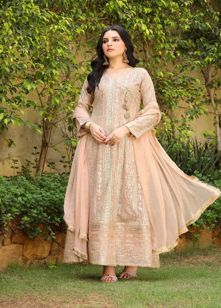 Manahils Pret Embroidered Chiffon 3 Piece Suit Kurti-122-Divine-Peach