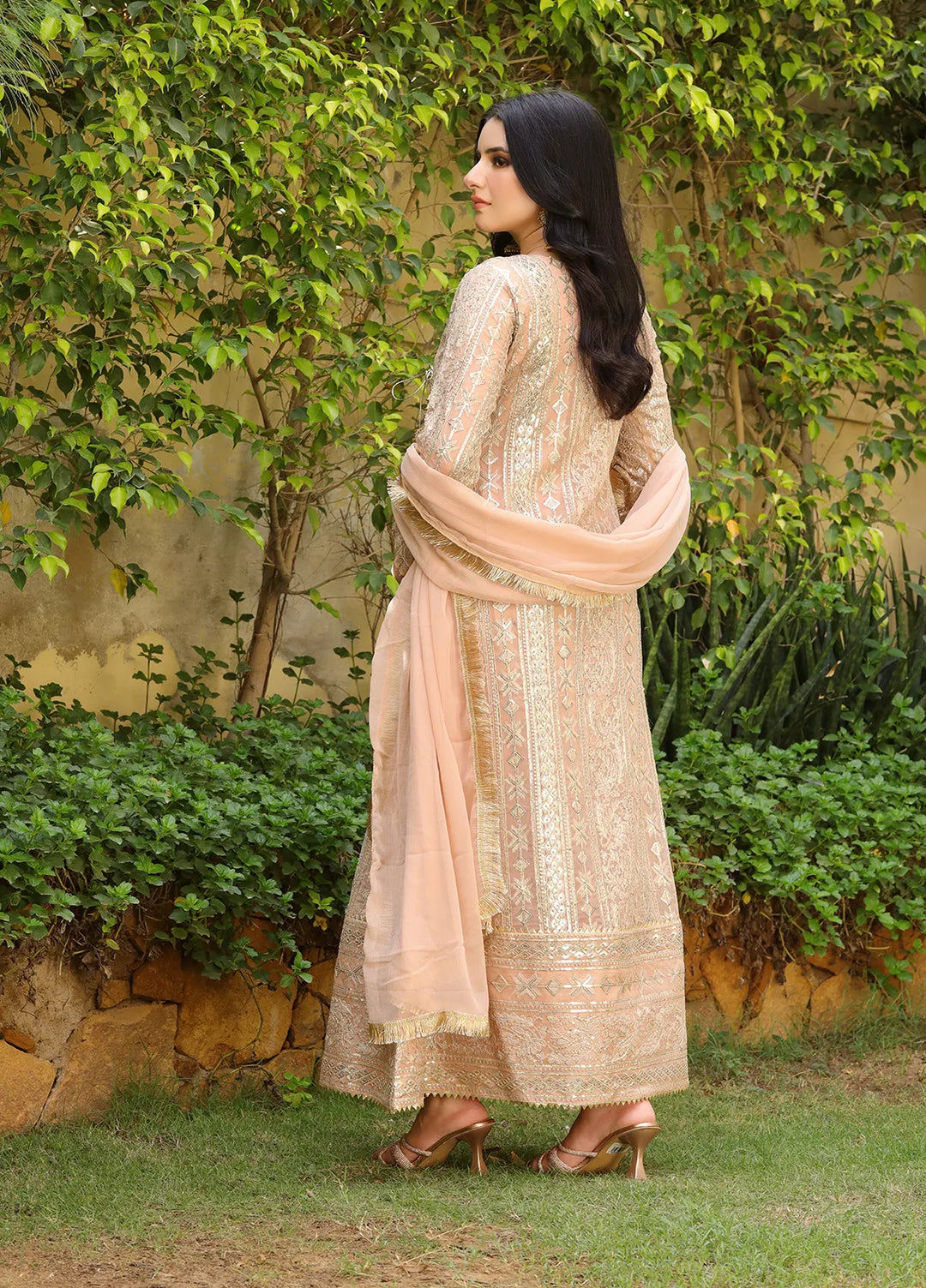 Manahils Pret Embroidered Chiffon 3 Piece Suit Kurti-122-Divine-Peach