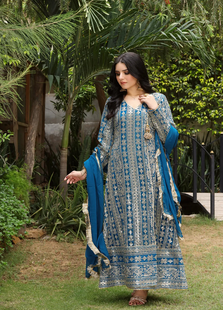 Manahils Pret Embroidered Chiffon 3 Piece Suit Kurti-122-Divine-Zinc Blue