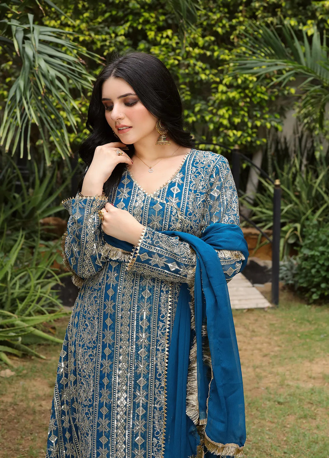 Manahils Pret Embroidered Chiffon 3 Piece Suit Kurti-122-Divine-Zinc Blue