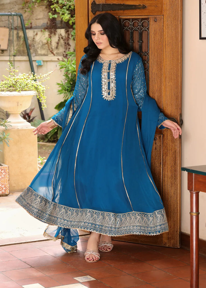 Manahils Pret Embroidered Chiffon 3 Piece Suit KURTI 123 Aquamarine