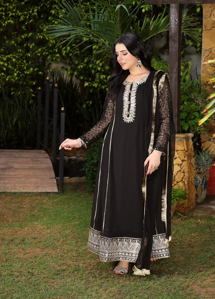 Manahils Pret Embroidered Chiffon 3 Piece Suit KURTI 123 Black