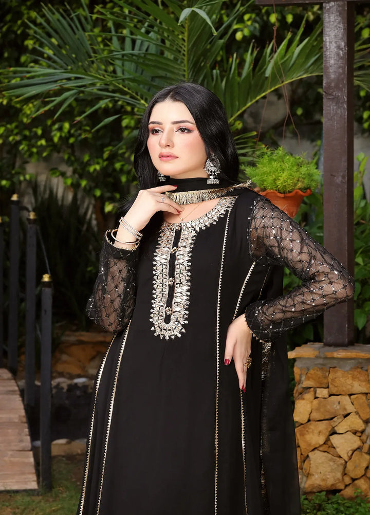 Manahils Pret Embroidered Chiffon 3 Piece Suit KURTI 123 Black