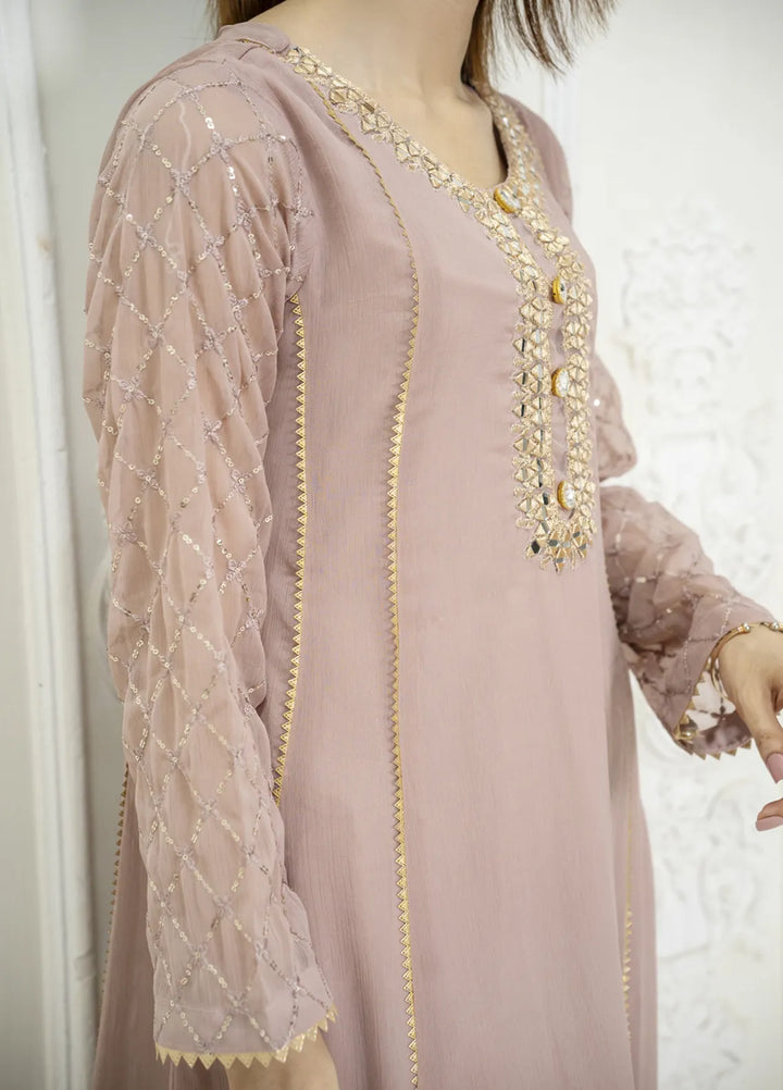 Manahils Pret Embroidered Chiffon 3 Piece Suit KURTI 123 Lilac