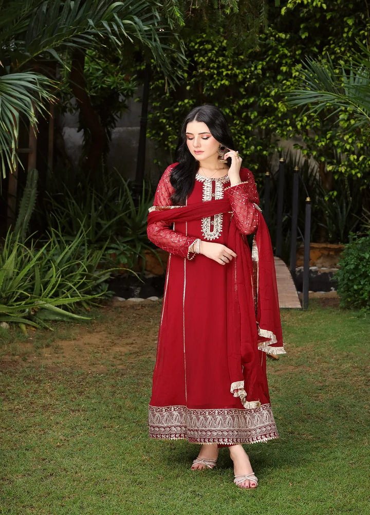 Manahils Pret Embroidered Chiffon 3 Piece Suit KURTI 123 Mehroon
