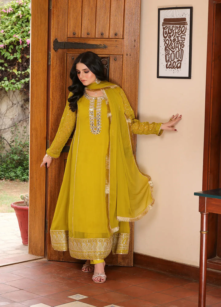 Manahils Pret Embroidered Chiffon 3 Piece Suit KURTI 123 Mustard