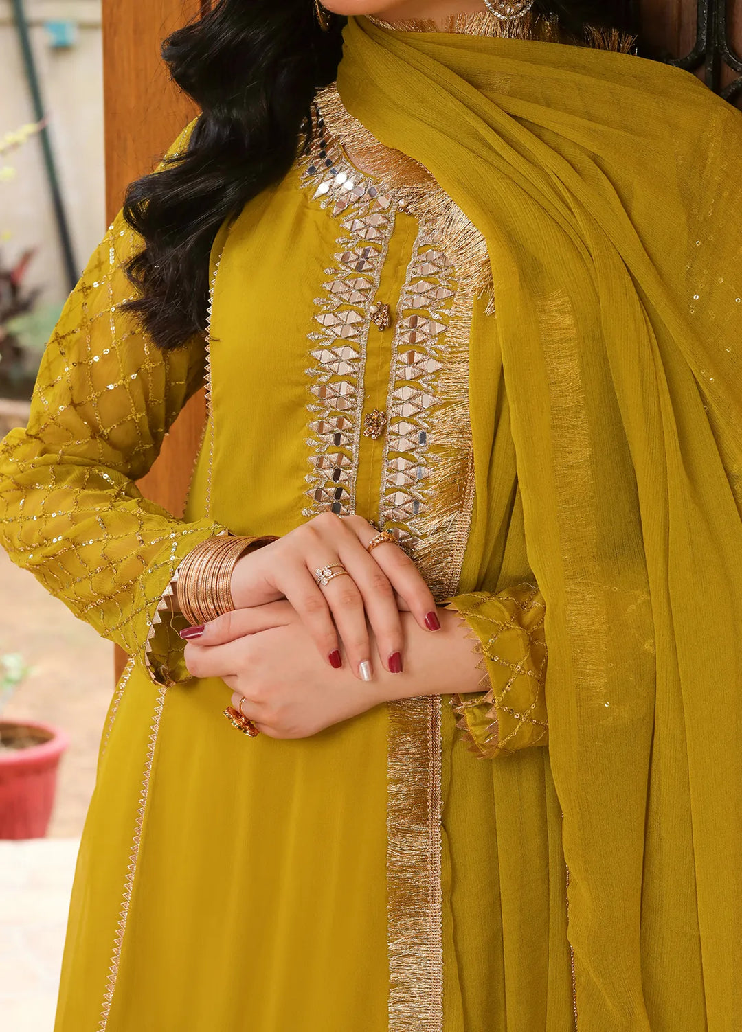 Manahils Pret Embroidered Chiffon 3 Piece Suit KURTI 123 Mustard