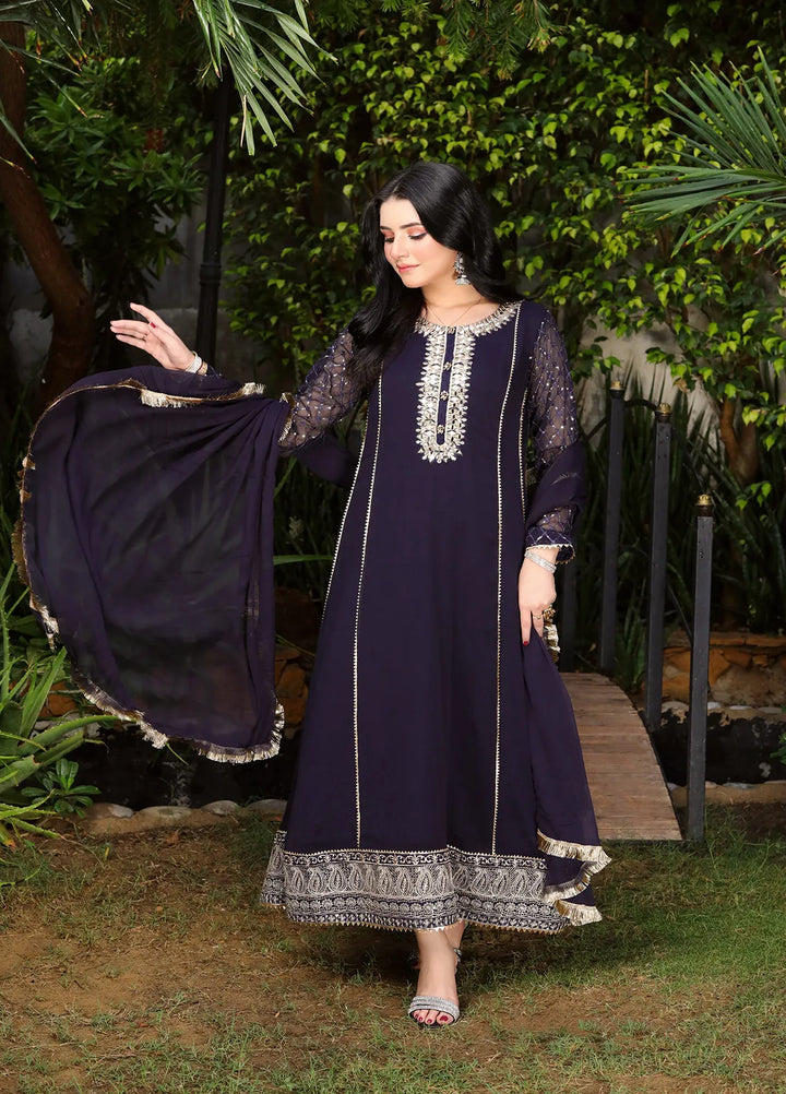 Manahils Pret Embroidered Chiffon 3 Piece Suit KURTI 123 Navy-Blue