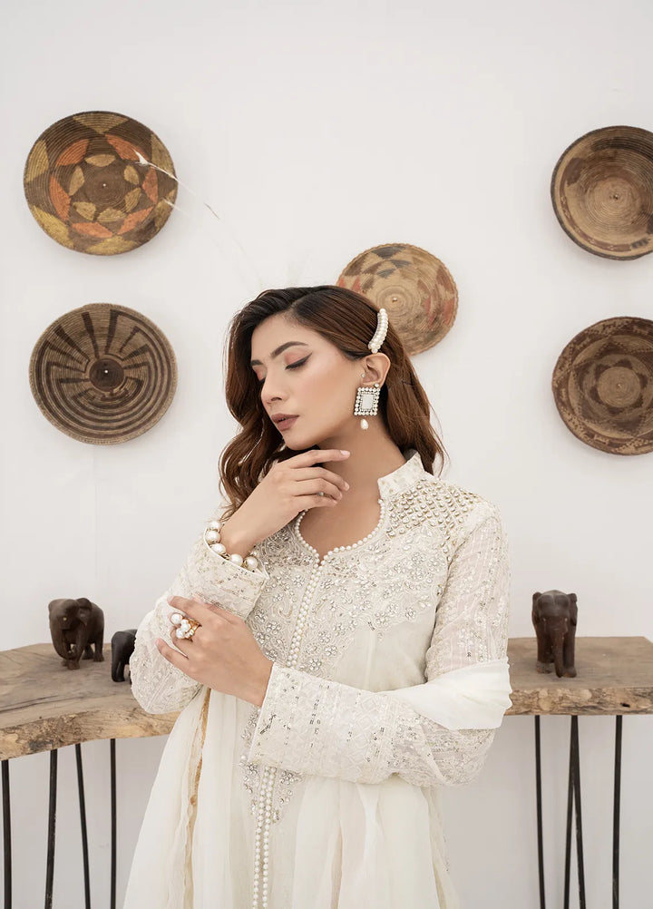 Manahils Pret Embroidered Chiffon 3 Piece Suit KURTI 125 Off White