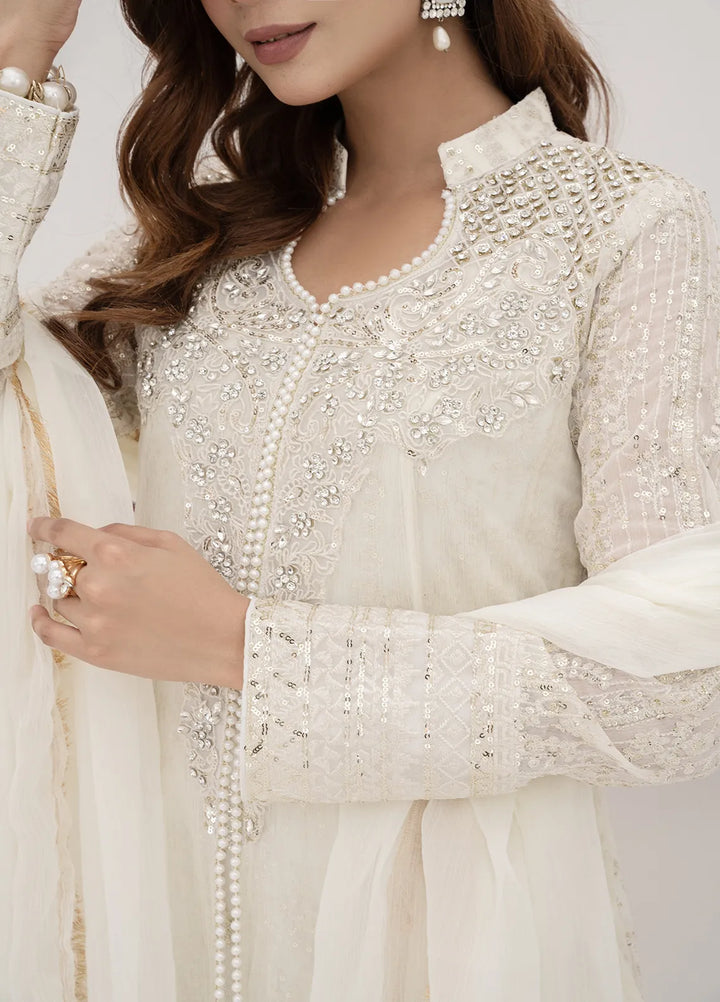 Manahils Pret Embroidered Chiffon 3 Piece Suit KURTI 125 Off White