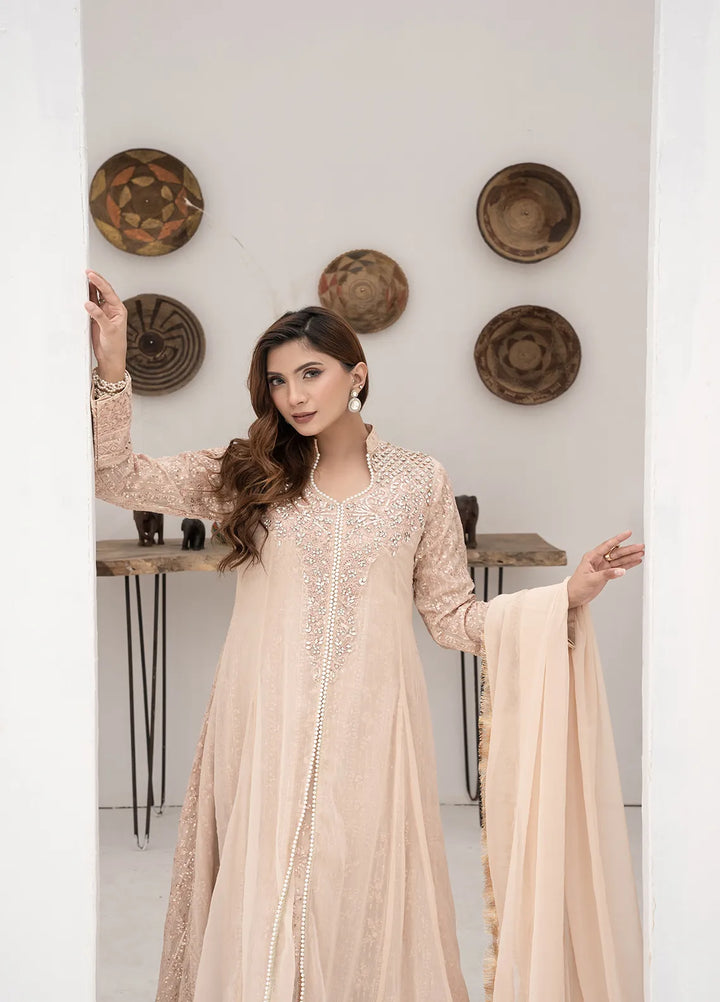 Manahils Pret Embroidered Chiffon 3 Piece Suit KURTI 125 Peach