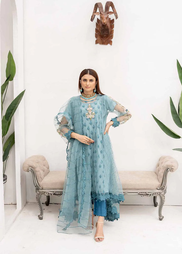 Manahils Pret Embroidered Net 2 Piece KURTI 084 Ice Blue