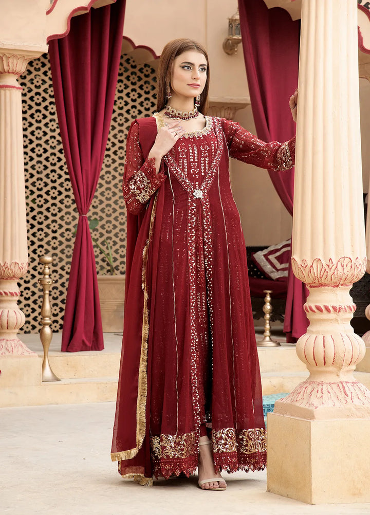Manahils Pret Embroidered Chiffon 3 Piece Suit B-005-Mehroon