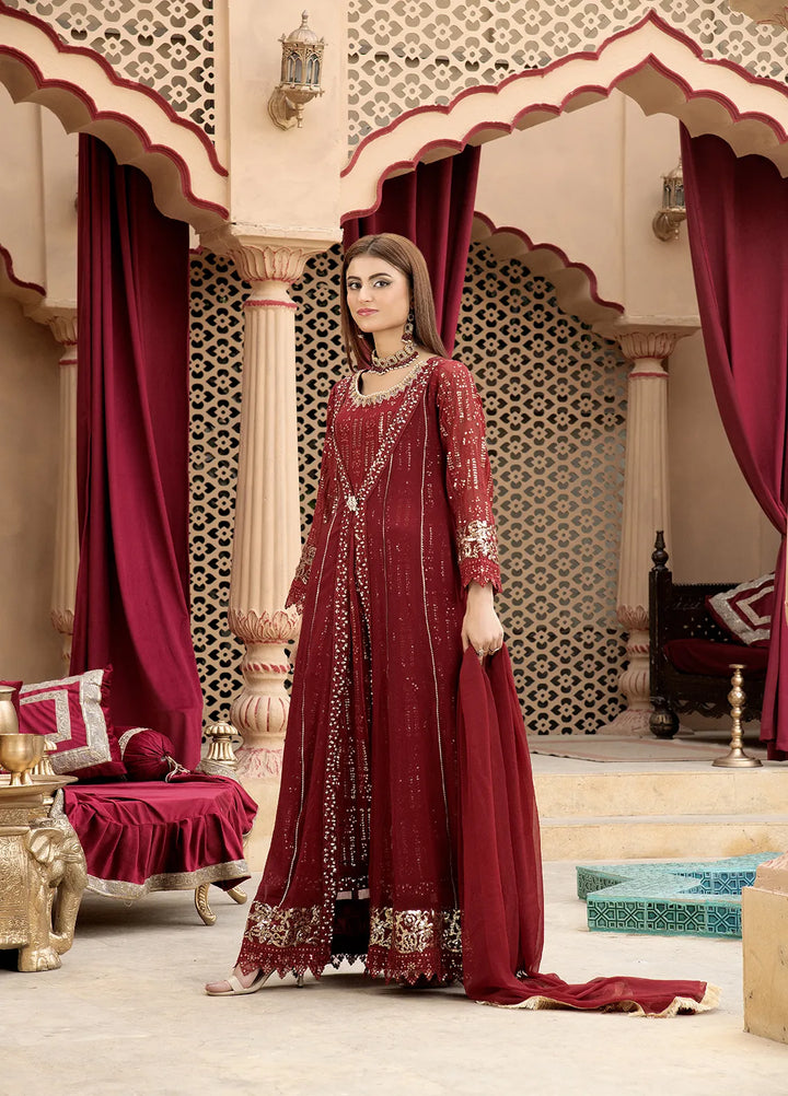 Manahils Pret Embroidered Chiffon 3 Piece Suit B-005-Mehroon