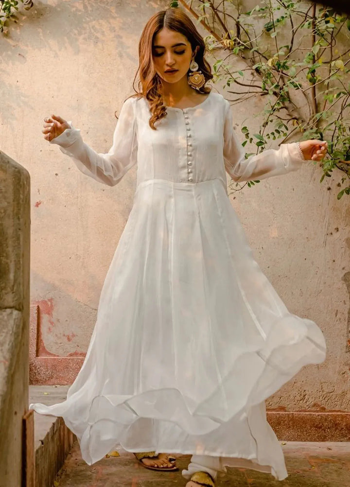 Mannat Pret Casual Chiffon 3 Piece Suit Deep White Frock