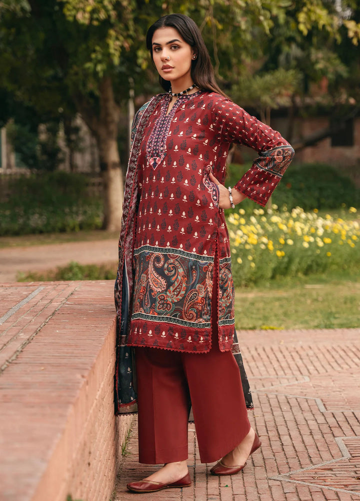 Mannat Pret Printed Cotton Lawn 3 Piece Suit Mahogany