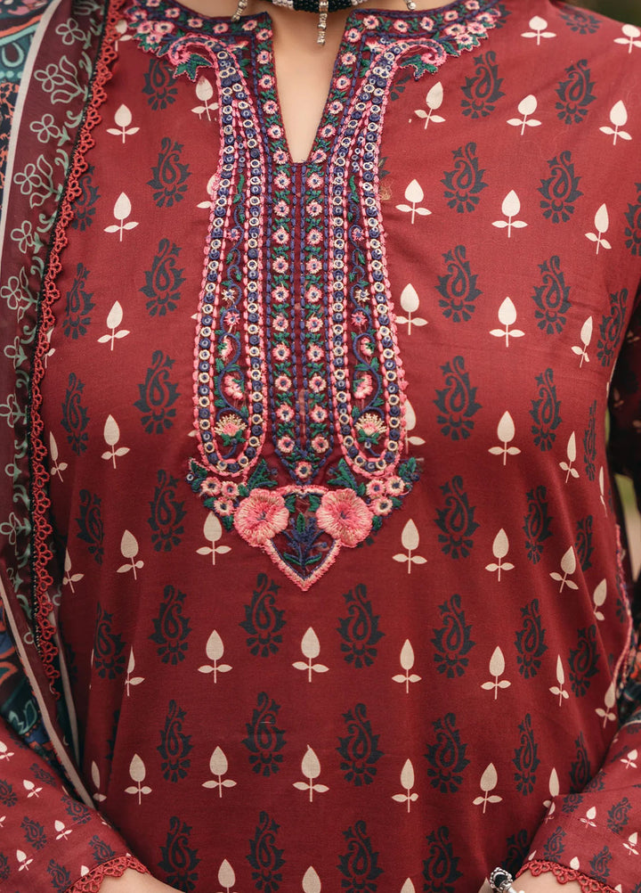 Mannat Pret Printed Cotton Lawn 3 Piece Suit Mahogany