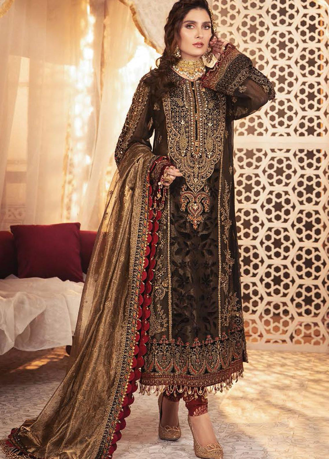 Mbroidered By Maria B Embroidered Khaadi Black and burnt gold Suit Unstitched 3 Piece MB21WD D1 - Wedding Collection
