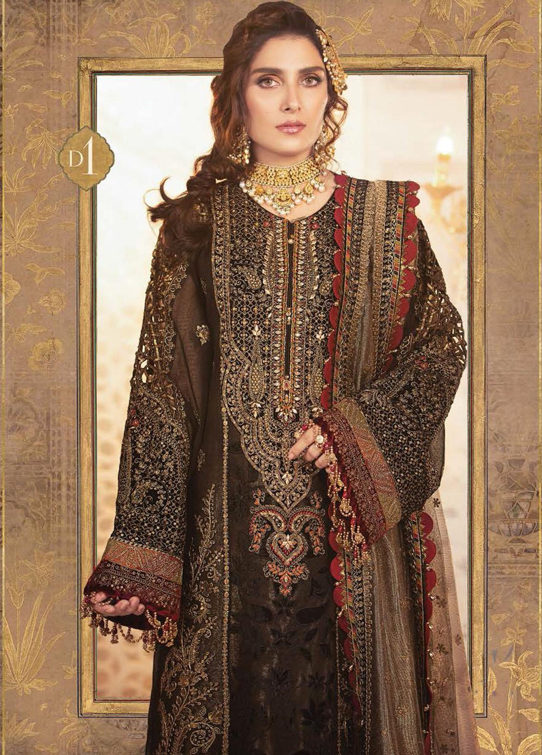 Mbroidered By Maria B Embroidered Khaadi Black and burnt gold Suit Unstitched 3 Piece MB21WD D1 - Wedding Collection