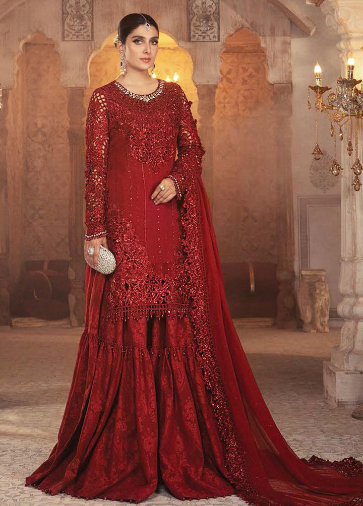 Mbroidered By Maria B Embroidered Chiffon Ruby Red Suit Unstitched 3 Piece MB21WD D5 - Wedding Collection