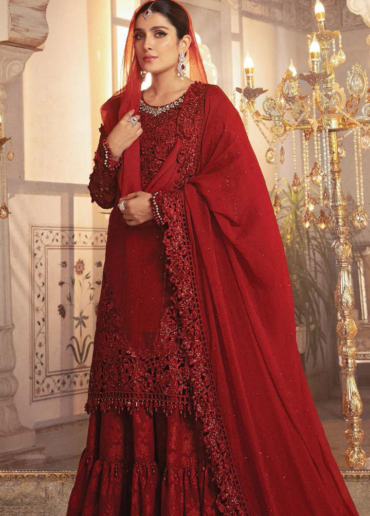 Mbroidered By Maria B Embroidered Chiffon Ruby Red Suit Unstitched 3 Piece MB21WD D5 - Wedding Collection