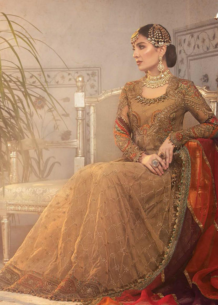 Mbroidered By Maria B Embroidered Organza Vintage gold chata patti Suit Unstitched 3 Piece MB21WD D8 - Wedding Collection