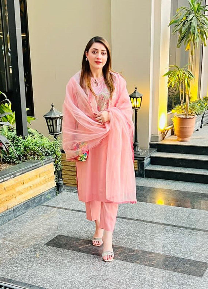 Maroon by Iqra Chaudhry Luxury Pret  Cotton Net 3 Piece Suit WATERMELON PINK