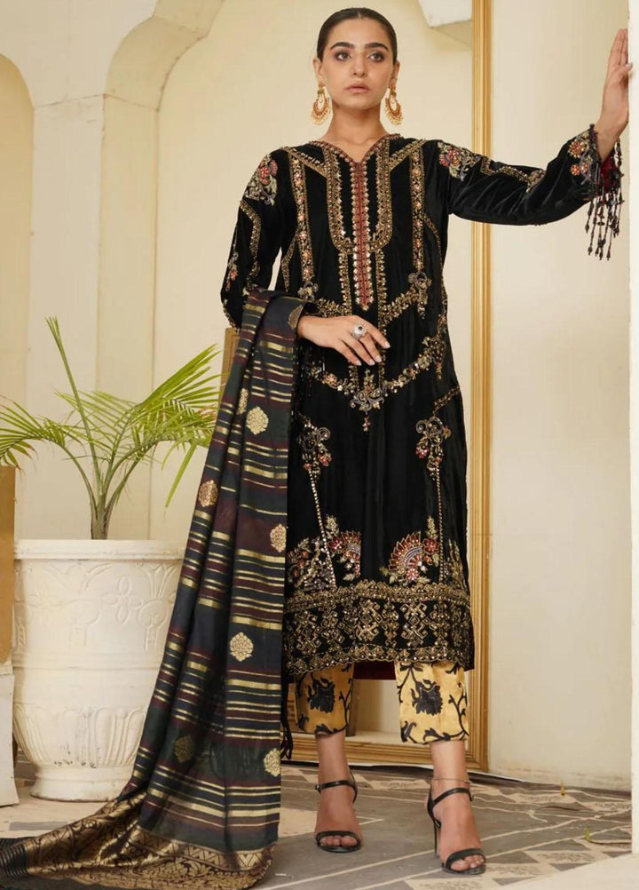 Maroon by Iqra Chaudhry Pret Embroidered Velvet 3 Piece Suit Black Swan
