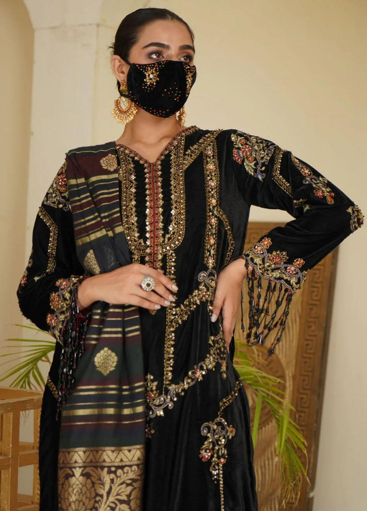 Maroon by Iqra Chaudhry Pret Embroidered Velvet 3 Piece Suit Black Swan