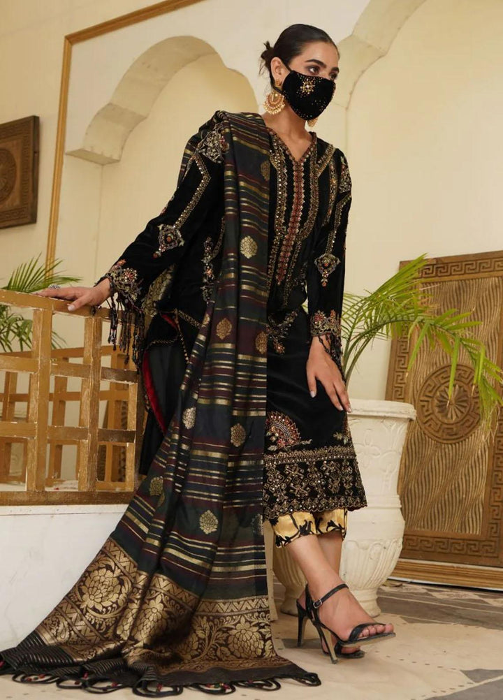 Maroon by Iqra Chaudhry Pret Embroidered Velvet 3 Piece Suit Black Swan