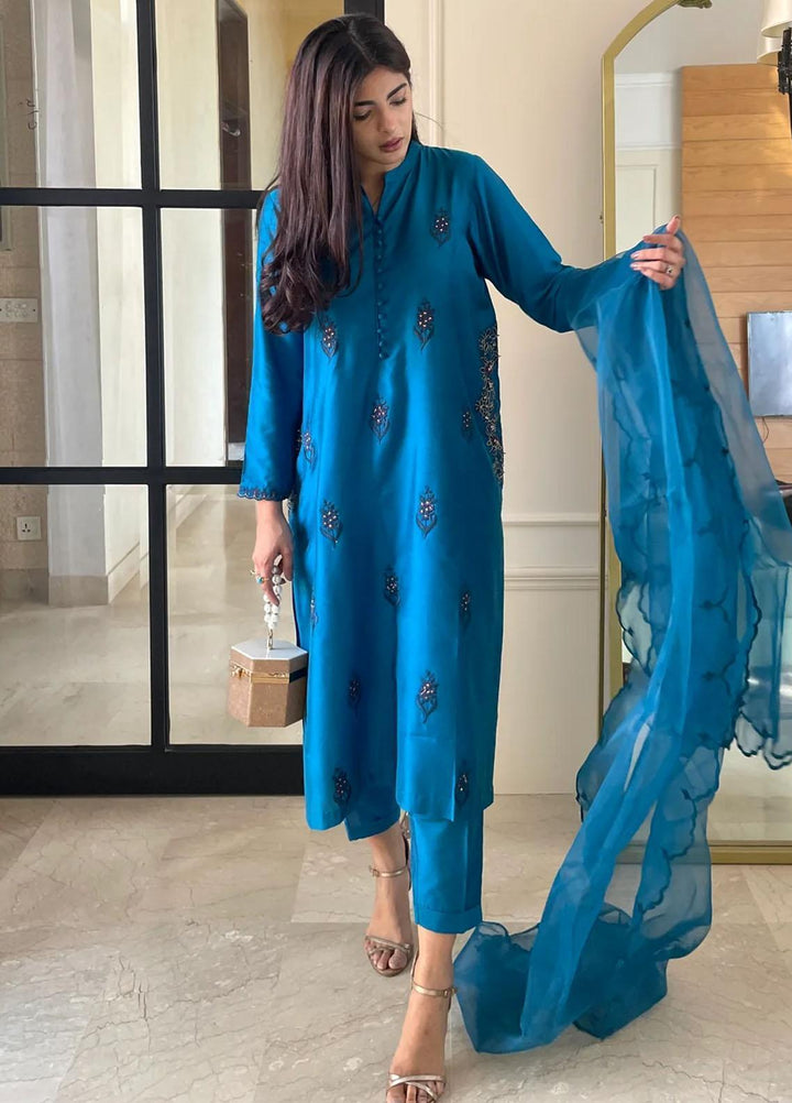 Maroon by Iqra Chaudhry Pret Embroidered Khaadi Silk 3 Piece Suit Blue Noir