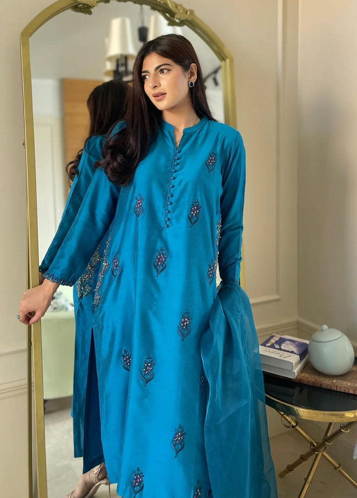 Maroon by Iqra Chaudhry Pret Embroidered Khaadi Silk 3 Piece Suit Blue Noir
