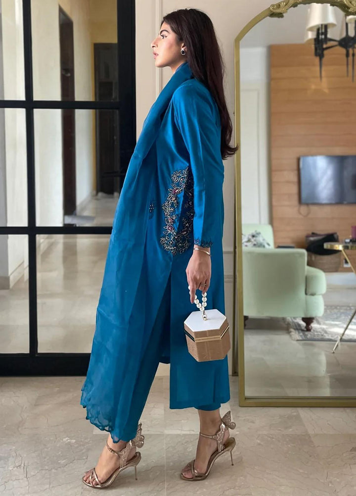 Maroon by Iqra Chaudhry Pret Embroidered Khaadi Silk 3 Piece Suit Blue Noir