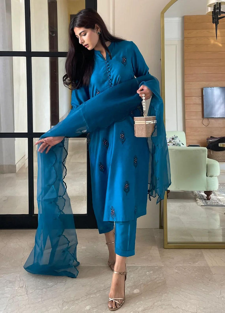 Maroon by Iqra Chaudhry Pret Embroidered Khaadi Silk 3 Piece Suit Blue Noir