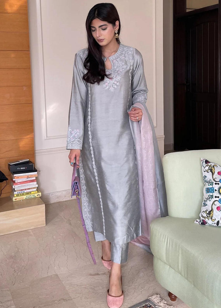 Maroon by Iqra Chaudhry Pret Embroidered Khaadi Silk 3 Piece Suit Celeste Grey