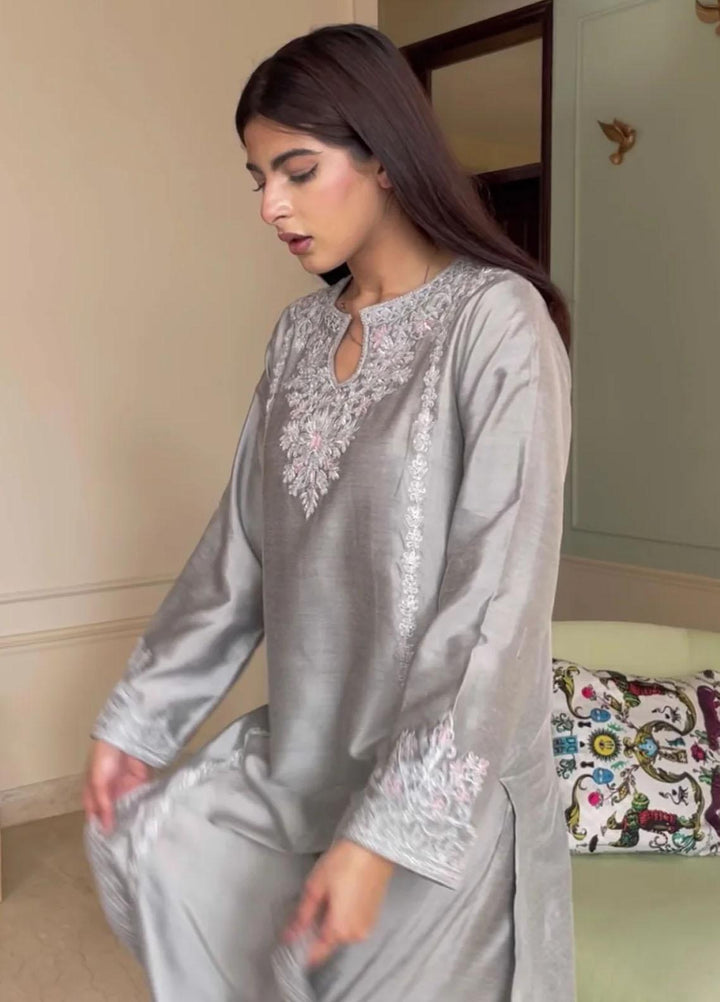 Maroon by Iqra Chaudhry Pret Embroidered Khaadi Silk 3 Piece Suit Celeste Grey