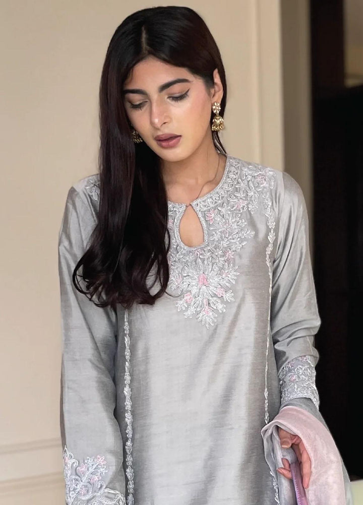 Maroon by Iqra Chaudhry Pret Embroidered Khaadi Silk 3 Piece Suit Celeste Grey