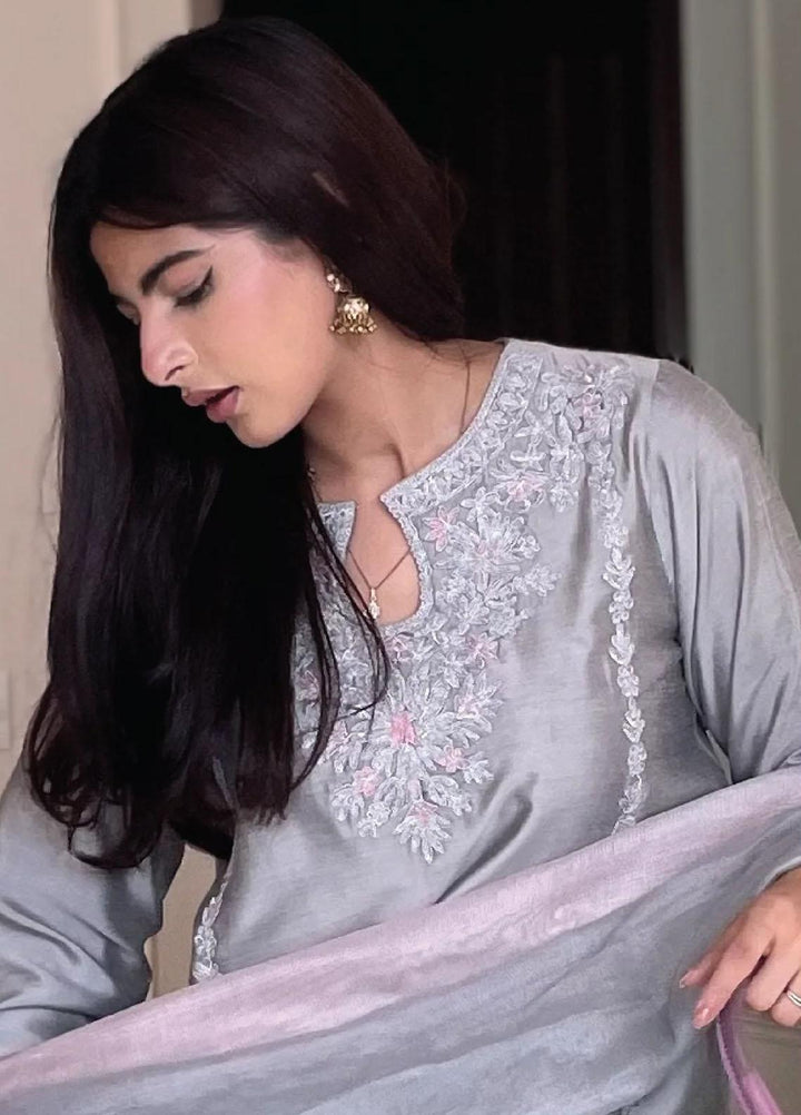 Maroon by Iqra Chaudhry Pret Embroidered Khaadi Silk 3 Piece Suit Celeste Grey