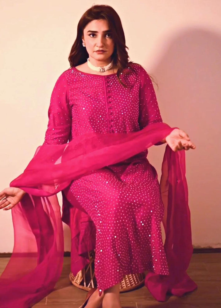Maroon by Iqra Chaudhry Pret Embroidered Raw Silk 3 Piece Suit Fuchsia