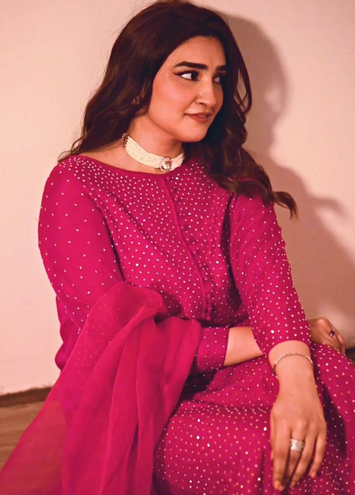 Maroon by Iqra Chaudhry Pret Embroidered Raw Silk 3 Piece Suit Fuchsia