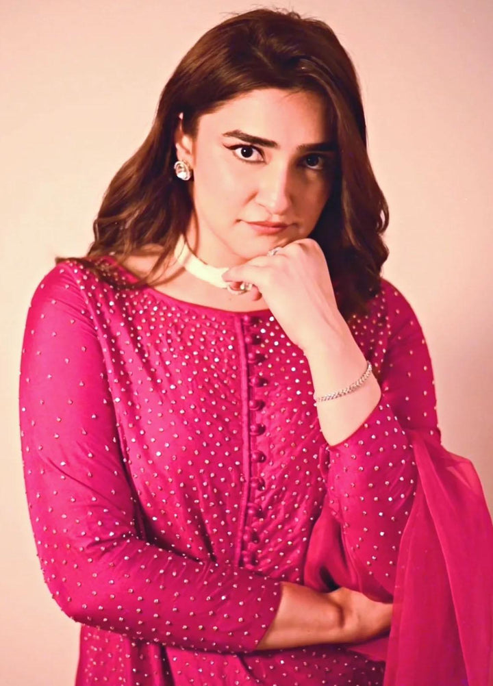 Maroon by Iqra Chaudhry Pret Embroidered Raw Silk 3 Piece Suit Fuchsia