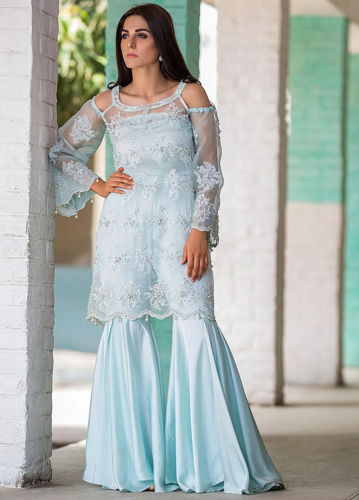 Maroon by Iqra Chaudhry Pret Embroidered Net 3 Piece Suit Ice Blue